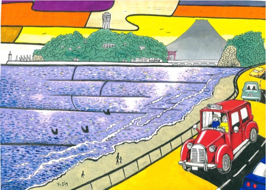 「夕暮れの湘南海岸をドライブ」