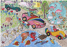 未来の電気自動車で海の中道のドライブ