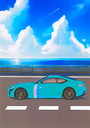 「車と穏やかな海と空」